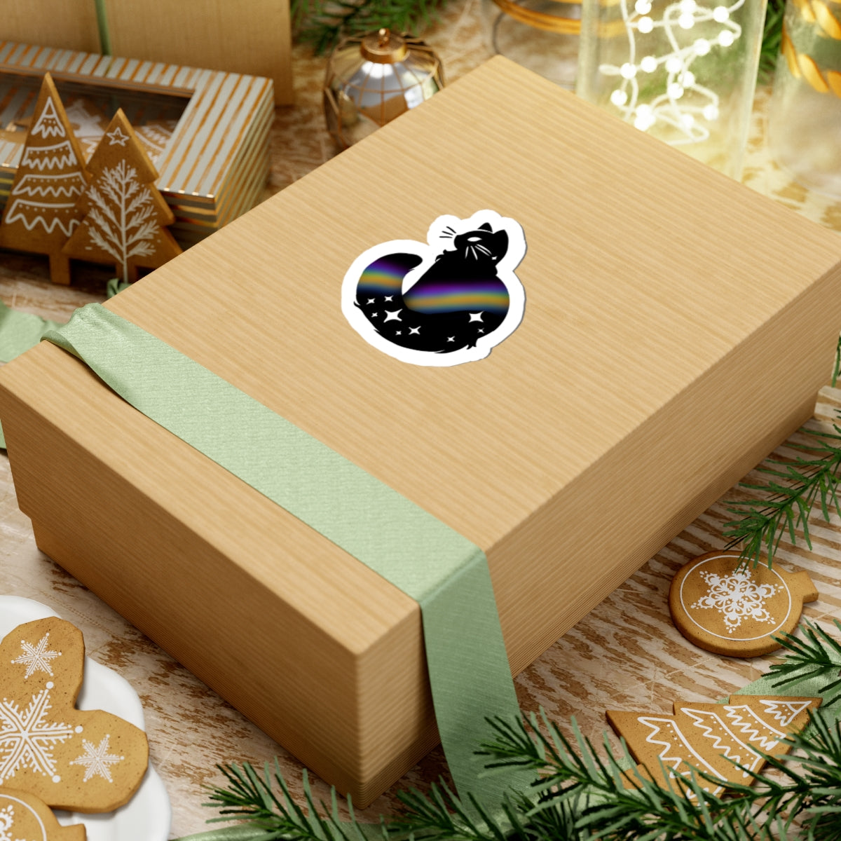 Galaxy Cat Kiss-Cut Sticker — Black Cat with Rainbow Nebula & Stars