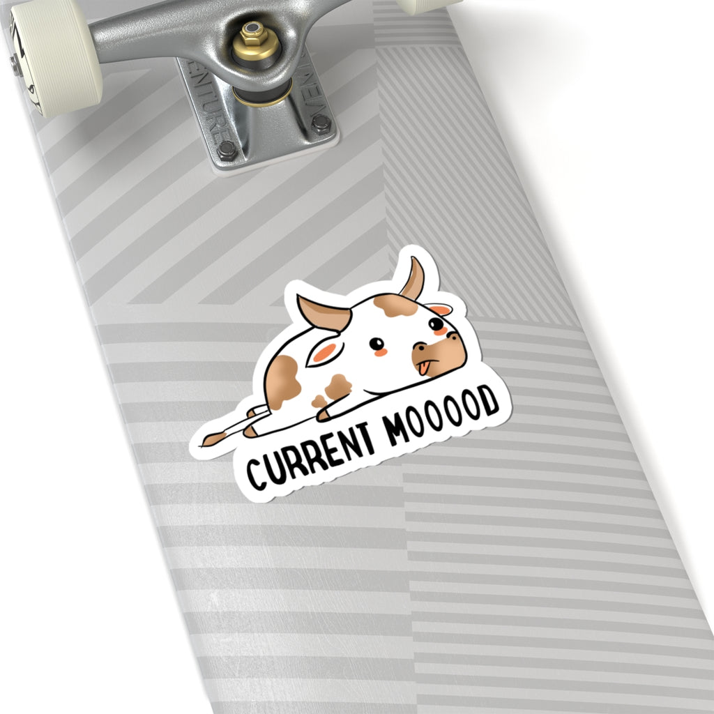 Cute Lazy Cow Sticker — "Current Mooood" Kiss-Cut Vinyl Sticker