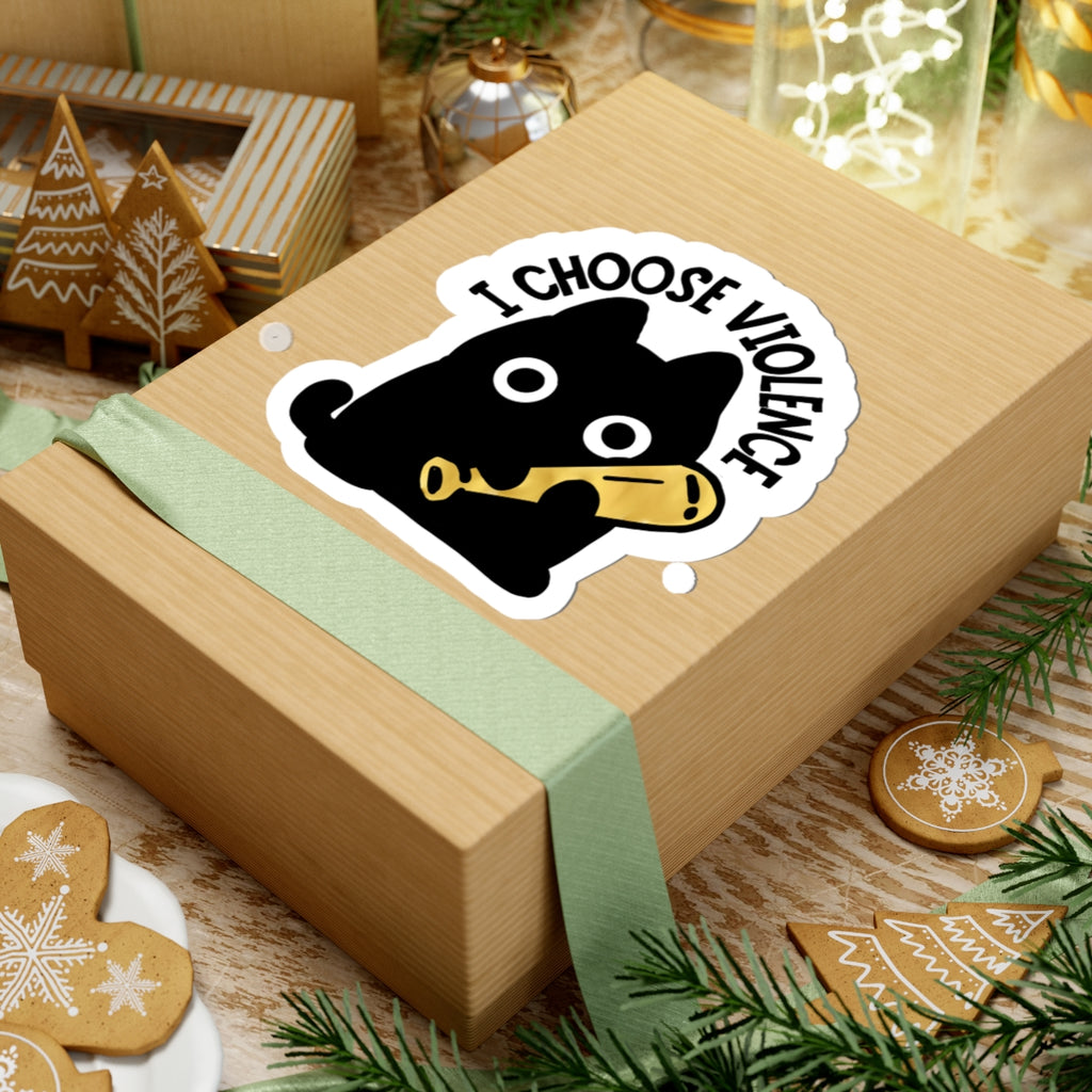 I Choose Violence Cat Sticker — Cute Black Cat with Baseball Bat Kiss-Cut Sticker