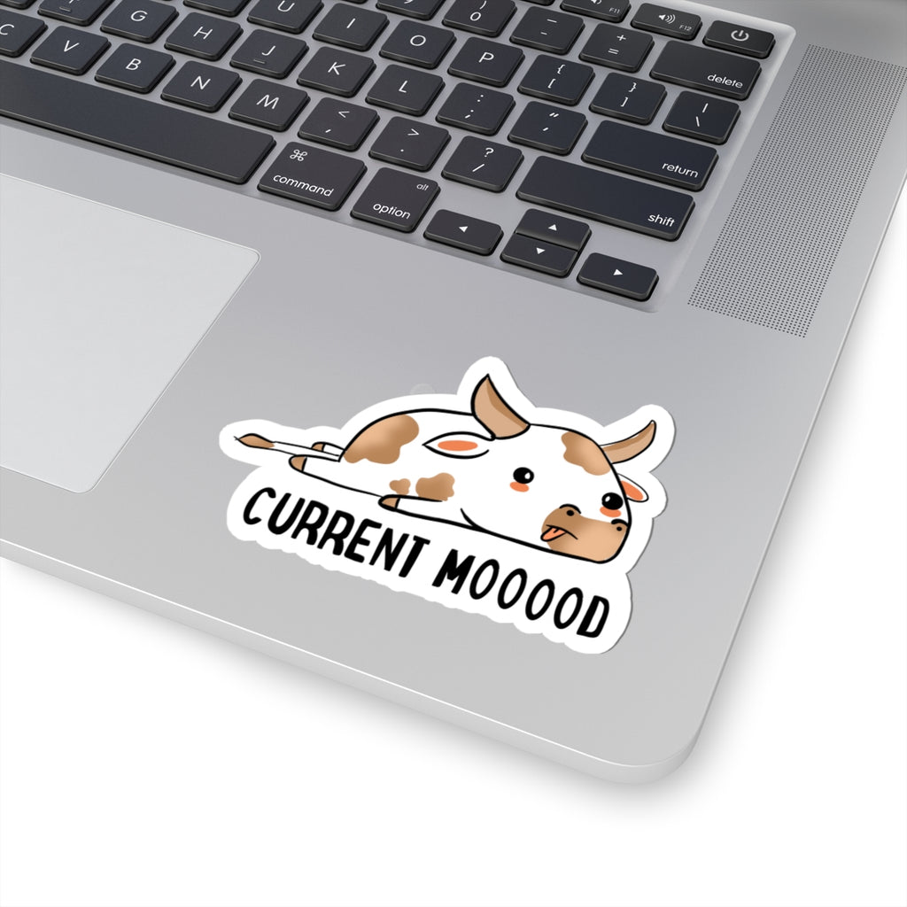 Cute Lazy Cow Sticker — "Current Mooood" Kiss-Cut Vinyl Sticker