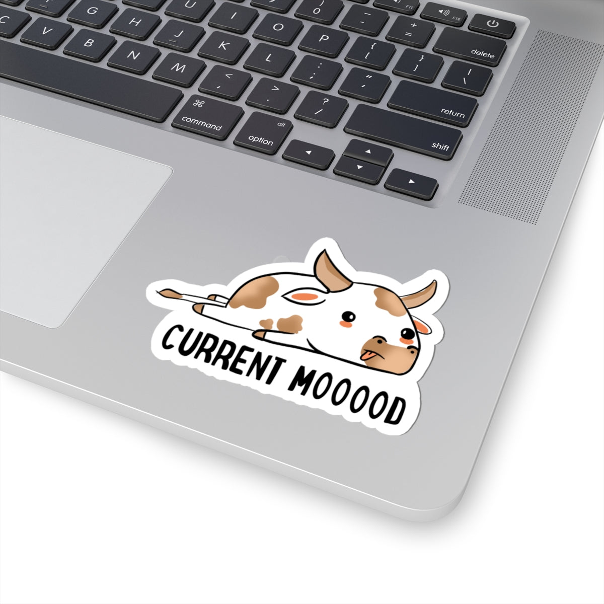 Cute Lazy Cow Sticker — "Current Mooood" Kiss-Cut Vinyl Sticker