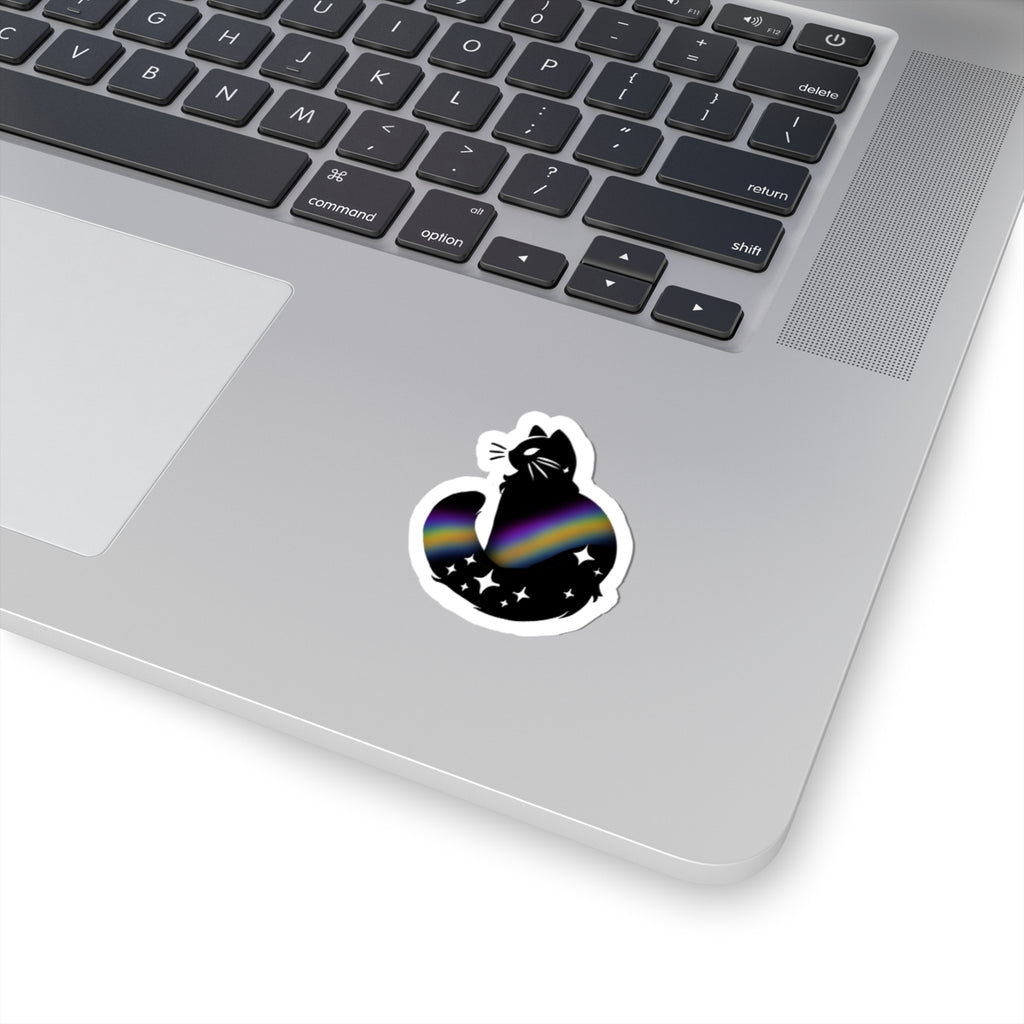 Galaxy Cat Kiss-Cut Sticker — Black Cat with Rainbow Nebula & Stars