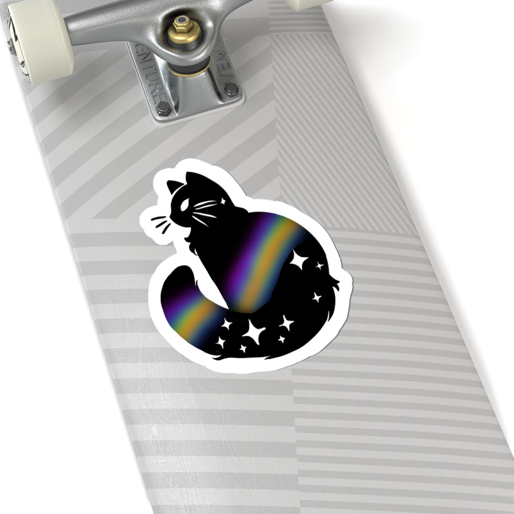 Galaxy Cat Kiss-Cut Sticker — Black Cat with Rainbow Nebula & Stars