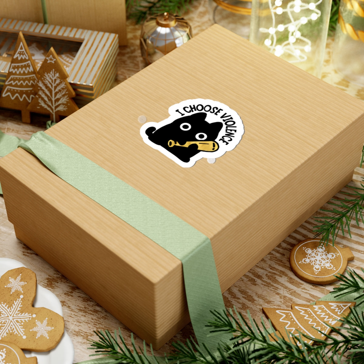 I Choose Violence Cat Sticker — Cute Black Cat with Baseball Bat Kiss-Cut Sticker