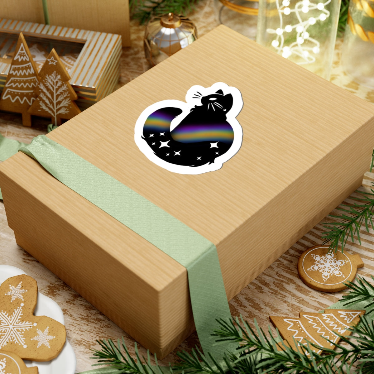 Galaxy Cat Kiss-Cut Sticker — Black Cat with Rainbow Nebula & Stars