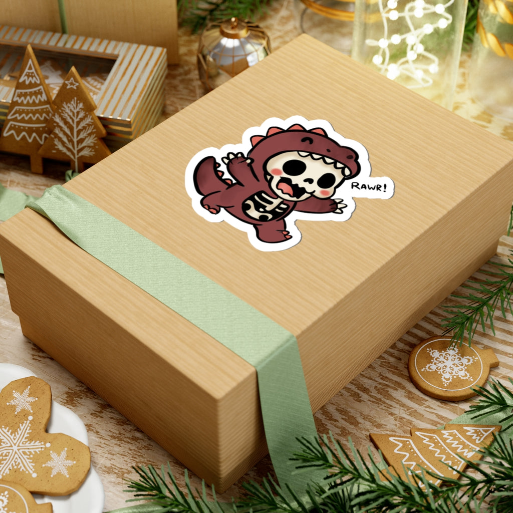 Cute Skeleton Dino Sticker — "Rawr!" Kiss-Cut Vinyl Decal