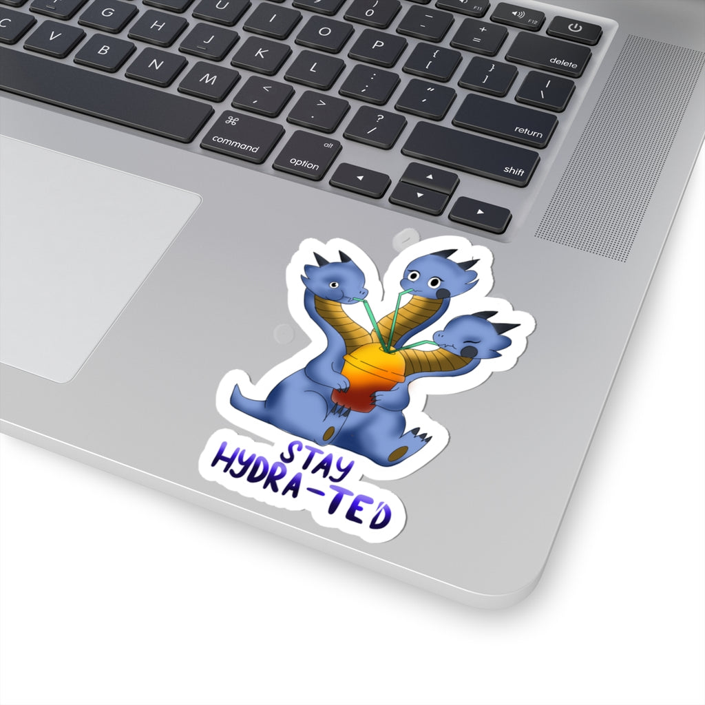 Hydra Drink Sticker — Cute Blue Three-Headed Dragon with "Stay Hydra-ted"