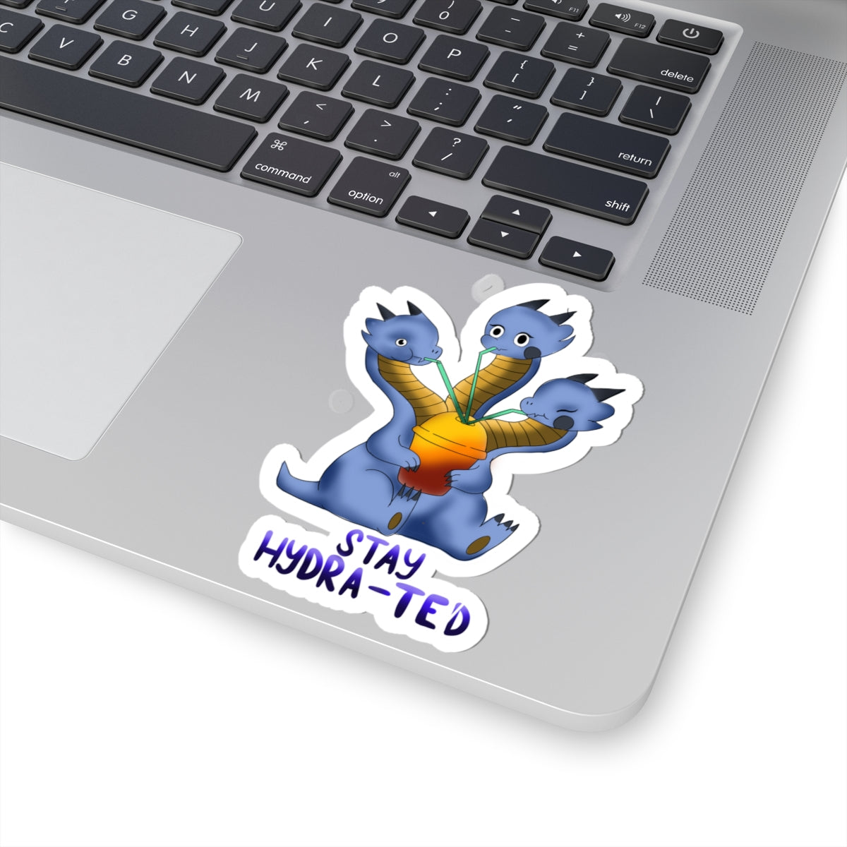 Hydra Drink Sticker — Cute Blue Three-Headed Dragon with "Stay Hydra-ted"