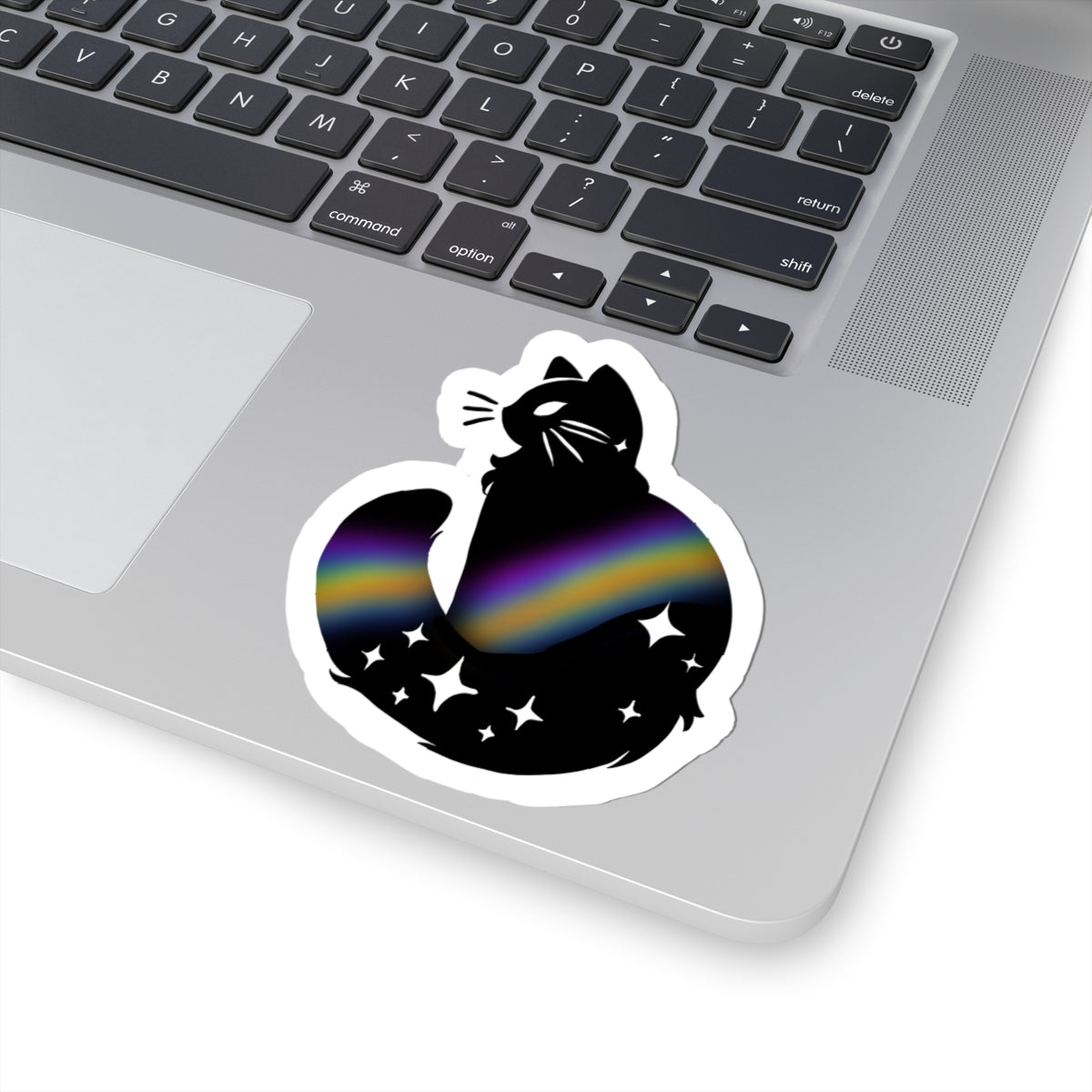 Galaxy Cat Kiss-Cut Sticker — Black Cat with Rainbow Nebula & Stars