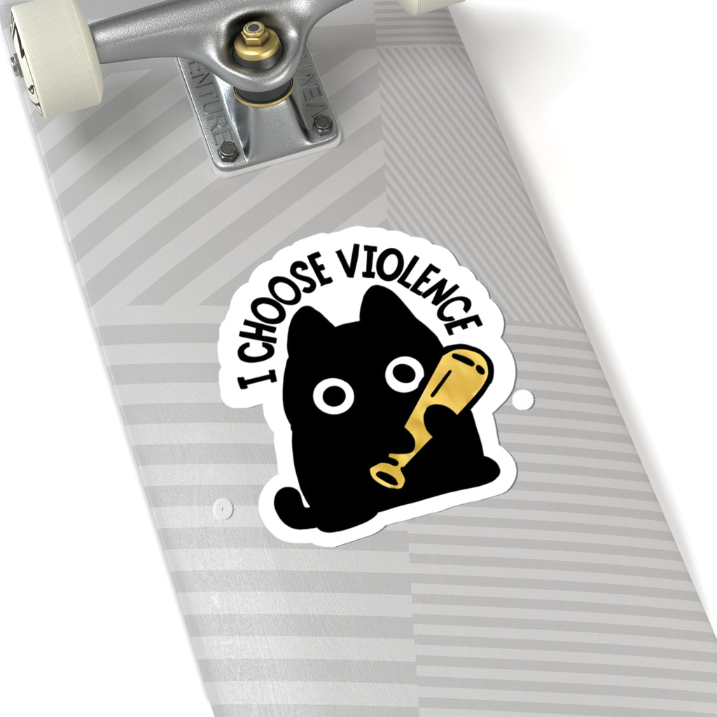I Choose Violence Cat Sticker — Cute Black Cat with Baseball Bat Kiss-Cut Sticker