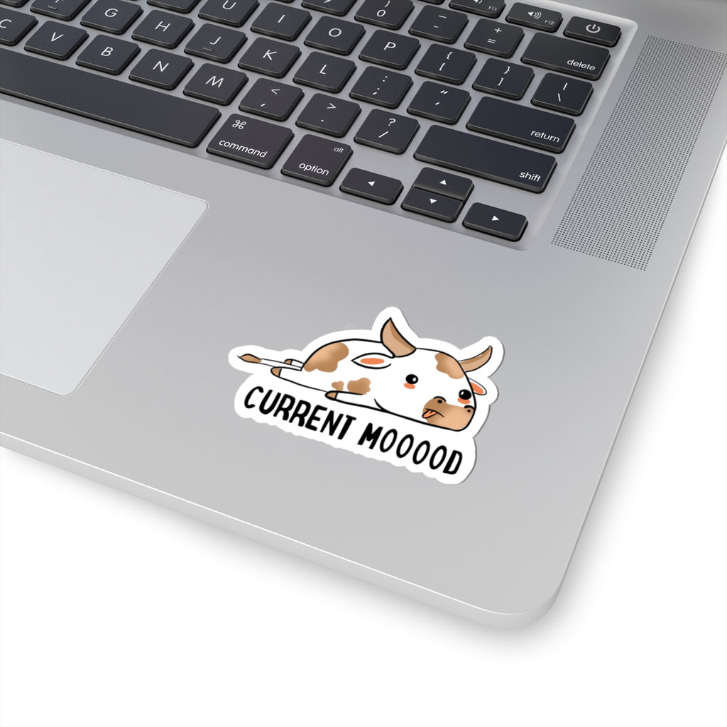 Cute Lazy Cow Sticker — "Current Mooood" Kiss-Cut Vinyl Sticker