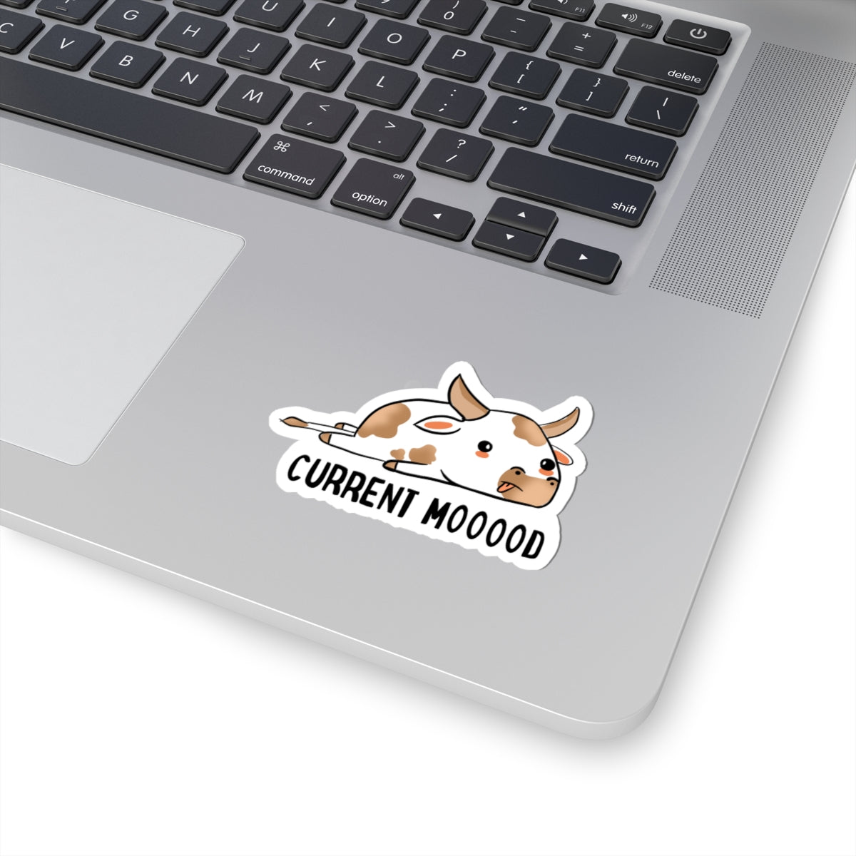 Cute Lazy Cow Sticker — "Current Mooood" Kiss-Cut Vinyl Sticker