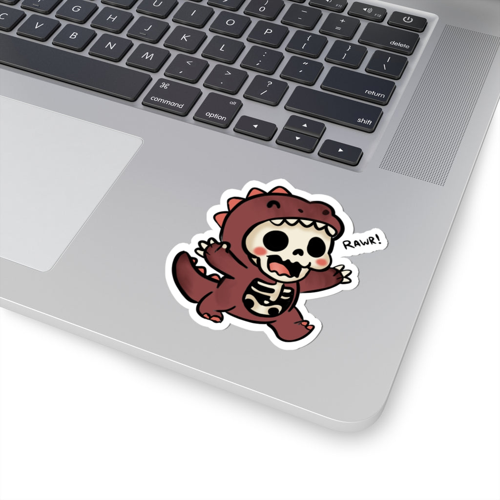 Cute Skeleton Dino Sticker — "Rawr!" Kiss-Cut Vinyl Decal