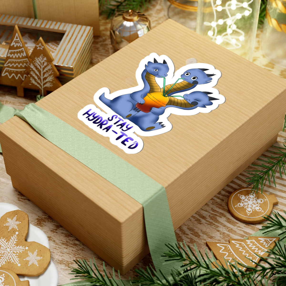Hydra Drink Sticker — Cute Blue Three-Headed Dragon with "Stay Hydra-ted"