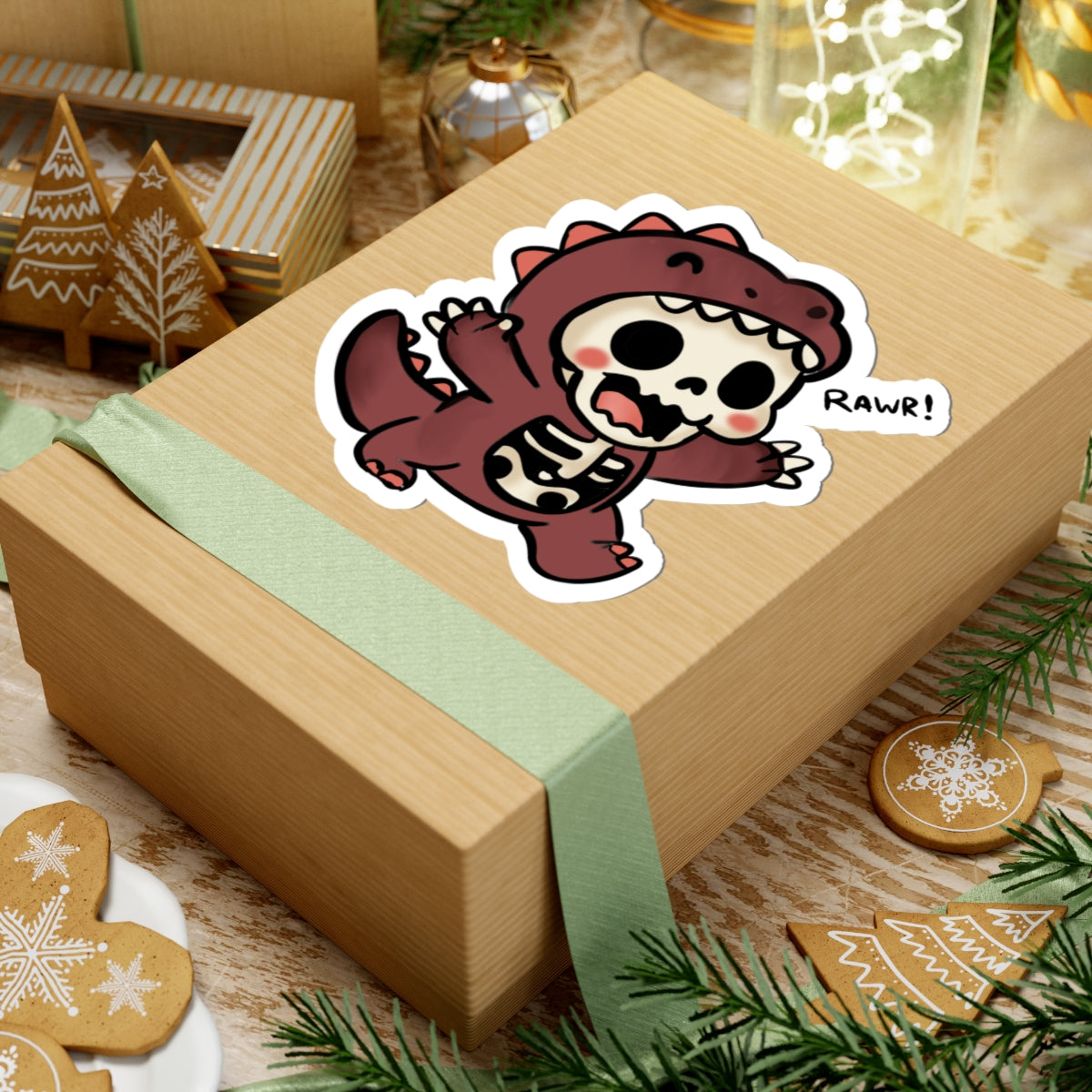 Cute Skeleton Dino Sticker — "Rawr!" Kiss-Cut Vinyl Decal