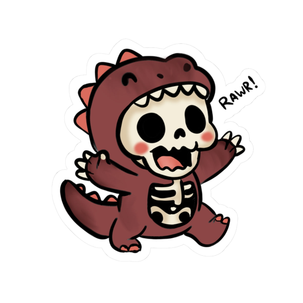Cute Skeleton Dino Sticker — "Rawr!" Kiss-Cut Vinyl Decal