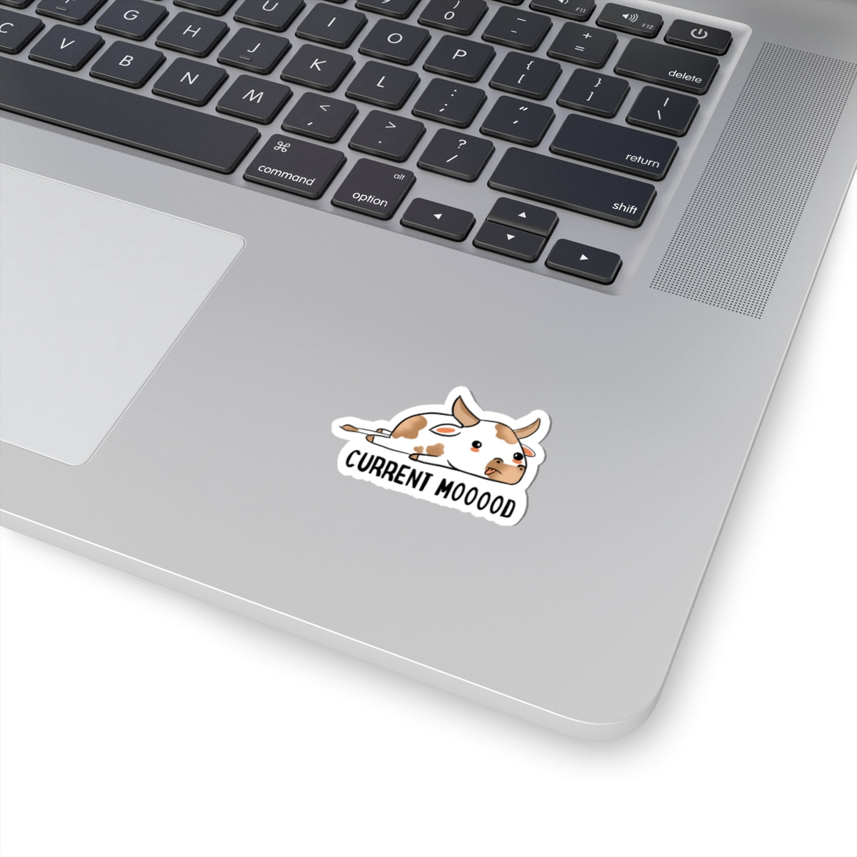 Cute Lazy Cow Sticker — "Current Mooood" Kiss-Cut Vinyl Sticker