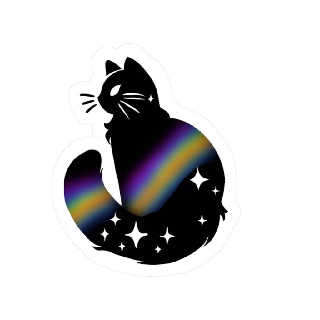 Galaxy Cat Kiss-Cut Sticker — Black Cat with Rainbow Nebula & Stars