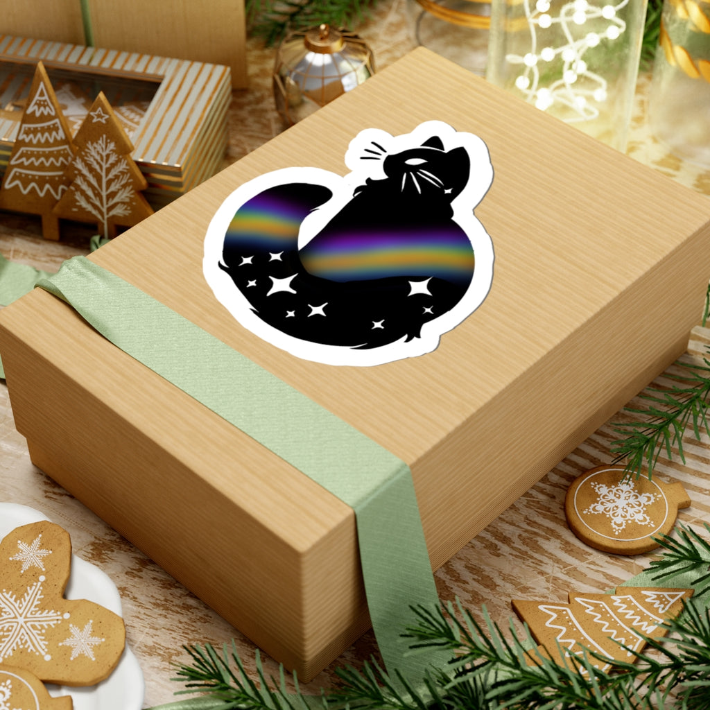 Galaxy Cat Kiss-Cut Sticker — Black Cat with Rainbow Nebula & Stars