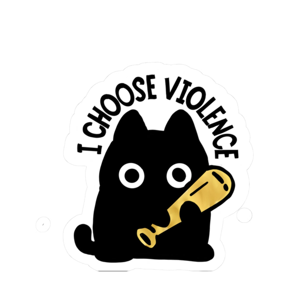 I Choose Violence Cat Sticker — Cute Black Cat with Baseball Bat Kiss-Cut Sticker