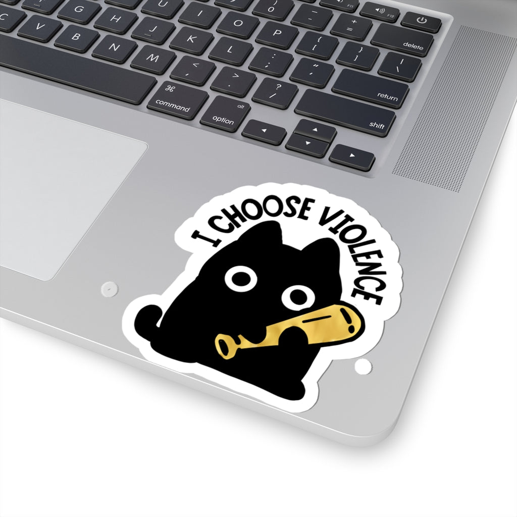 I Choose Violence Cat Sticker — Cute Black Cat with Baseball Bat Kiss-Cut Sticker