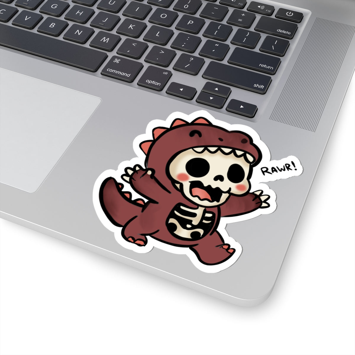 Cute Skeleton Dino Sticker — "Rawr!" Kiss-Cut Vinyl Decal
